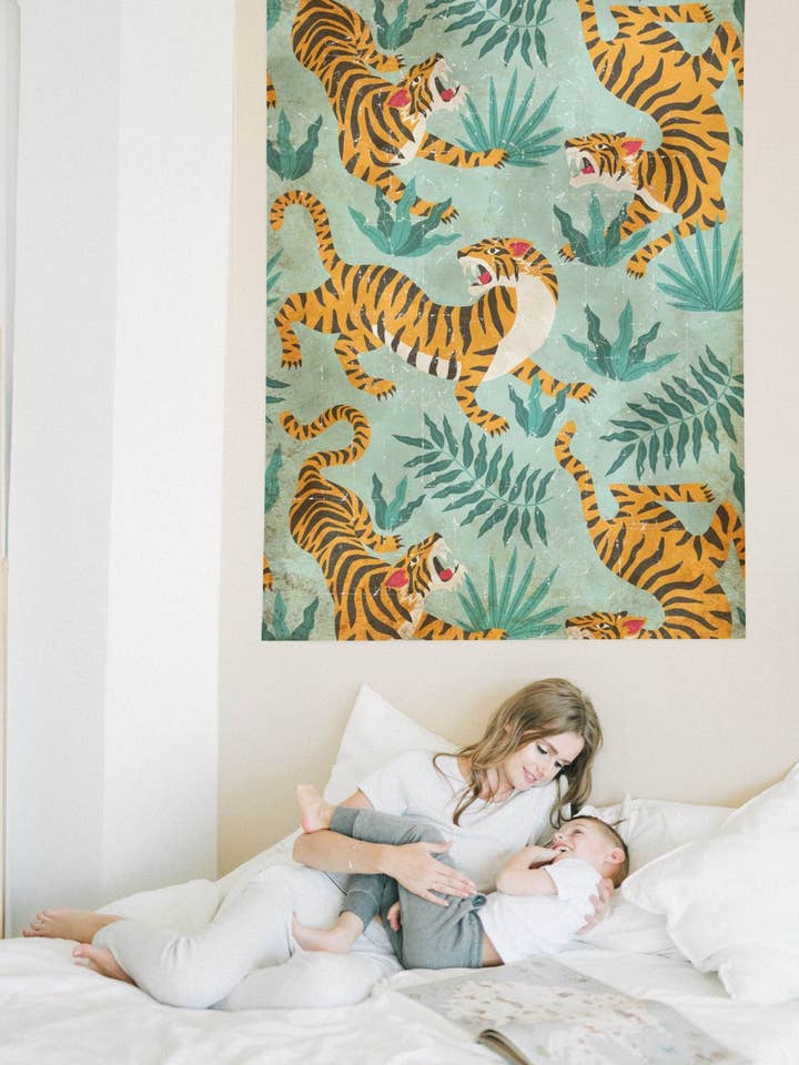 Green Naif Tigers on Papier Froissé (Wrinkled Paper) for wholesale by Art Your Wall