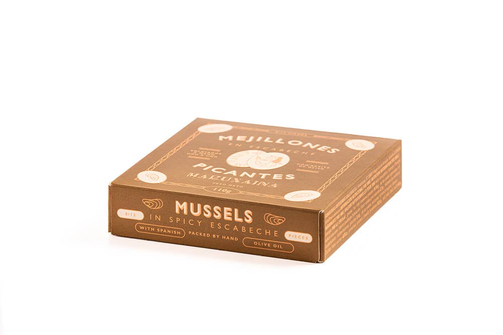 Don Gastronom USA - Wholesale Tinned Fish - Maruxaina. Mussels in Spicy Escabeche. 8/12 pieces.