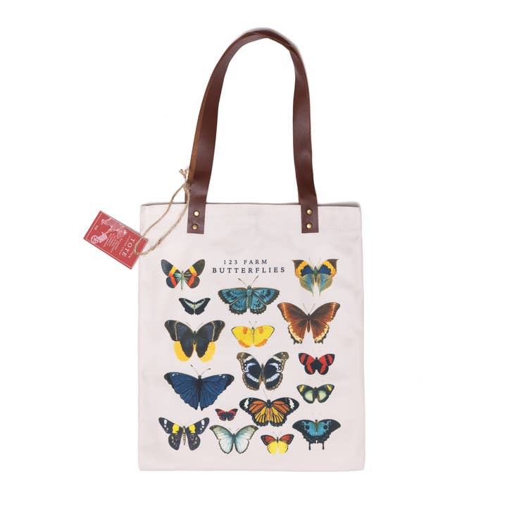 123 Farm - Wholesale Tote Bag - Women's - Leather Strap Tote Bag - Butterflies 16"x12.5"