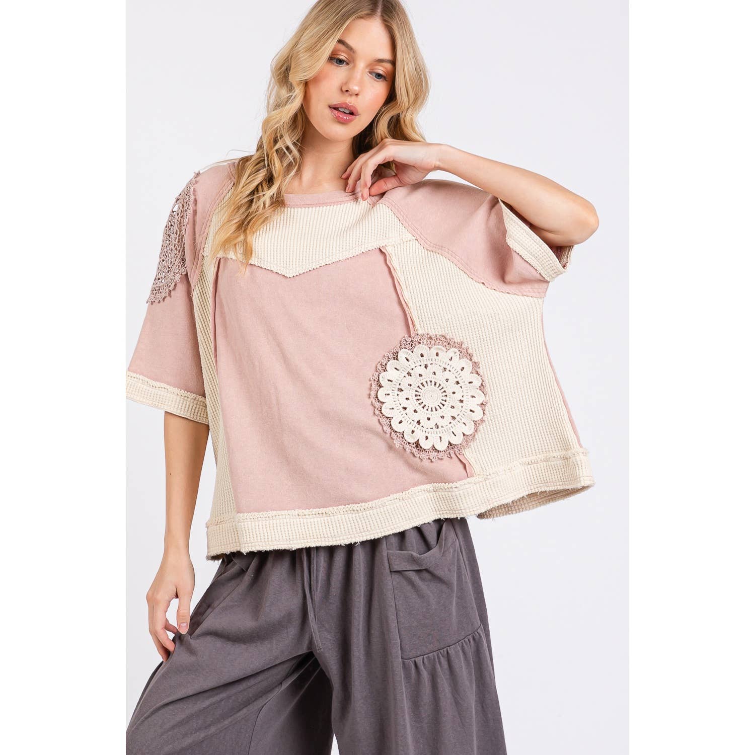 Sage VINTAGE CROCHET PATCHWORK TOP (ST7715) for wholesale on Faire14