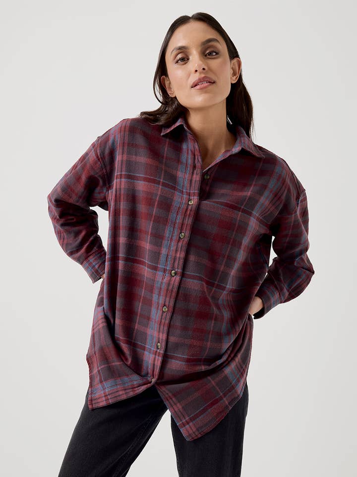 Pomegranate Plaid Women's Fireside Flannel Oversized Shirt for wholesale on Faire