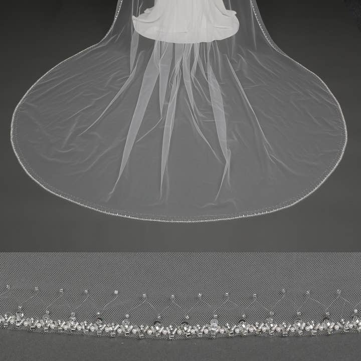 FS6274 Bred Kristallpärlad Kant Brudslöja 36" 120" för wholesale av Farinosa Bridal
