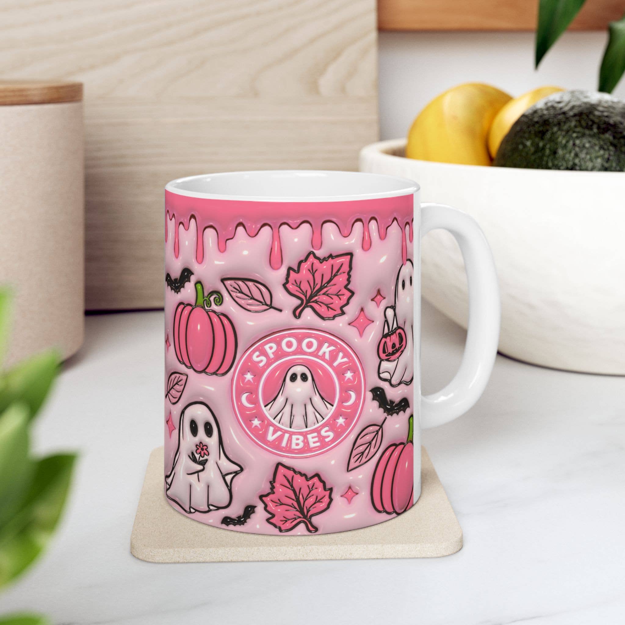 NVC Ecommerce LLC - Wholesale Coffee Mug - Halloween Mug, Spooky Ghost Vibes, Pink Pumpkin Coffee Cup