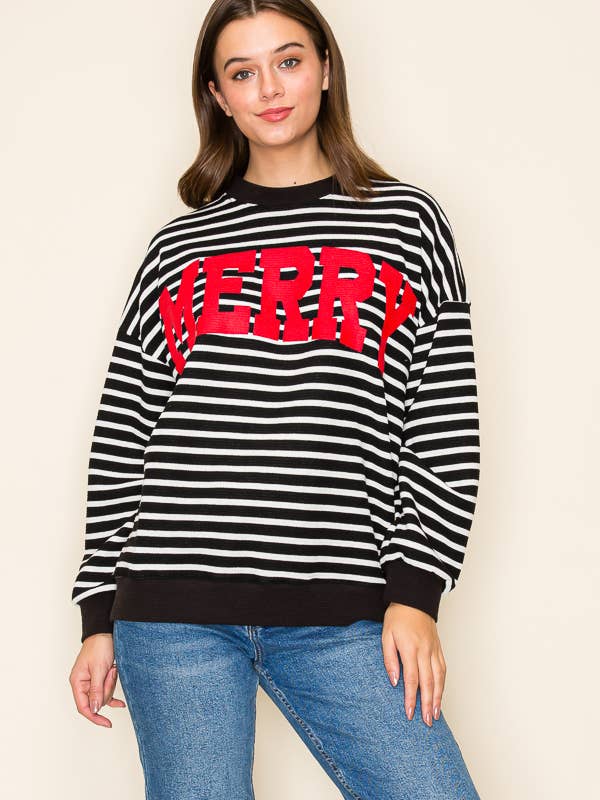 Tres Bien, Inc - Wholesale T-Shirt (Graphic) - Women's - "MERRY" STRIPE L/S GRAPHIC SWEATSHIRT