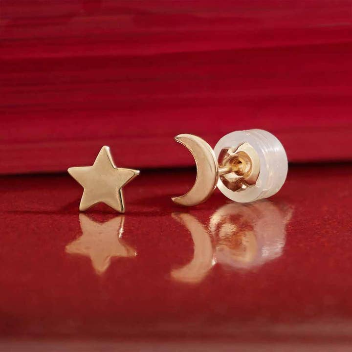 Nina Designs - Wholesale Stud/Post Earrings - Solid 14K Gold Moon and Star Post Earrings 7x7mm
