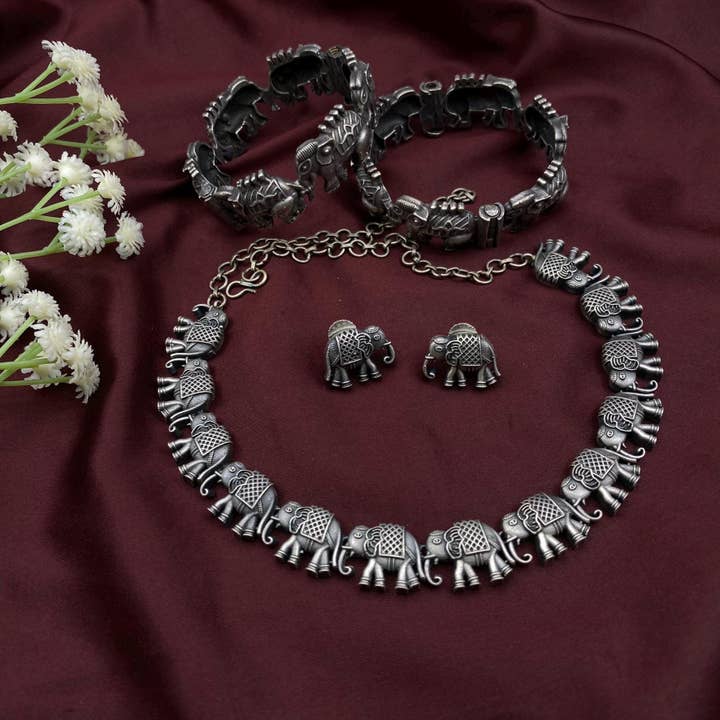 Silver Oxidized Elephant Necklace Set With Earrings & Kada for wholesale by Quirky Fashions