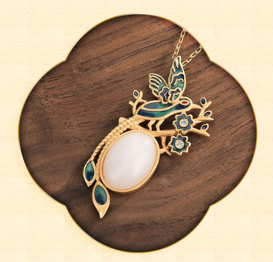 Bright MacMing - Wholesale Pendant/Charm Necklace - Enamel Hummingbird with White Jade Necklace2