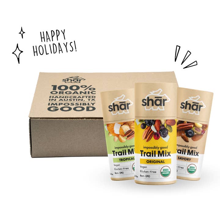 HAPPY HOLIDAYS - The Shār Trio Gift Box (Assorted Tubes: Savory, Tropical, Original) for wholesale by shār snacks