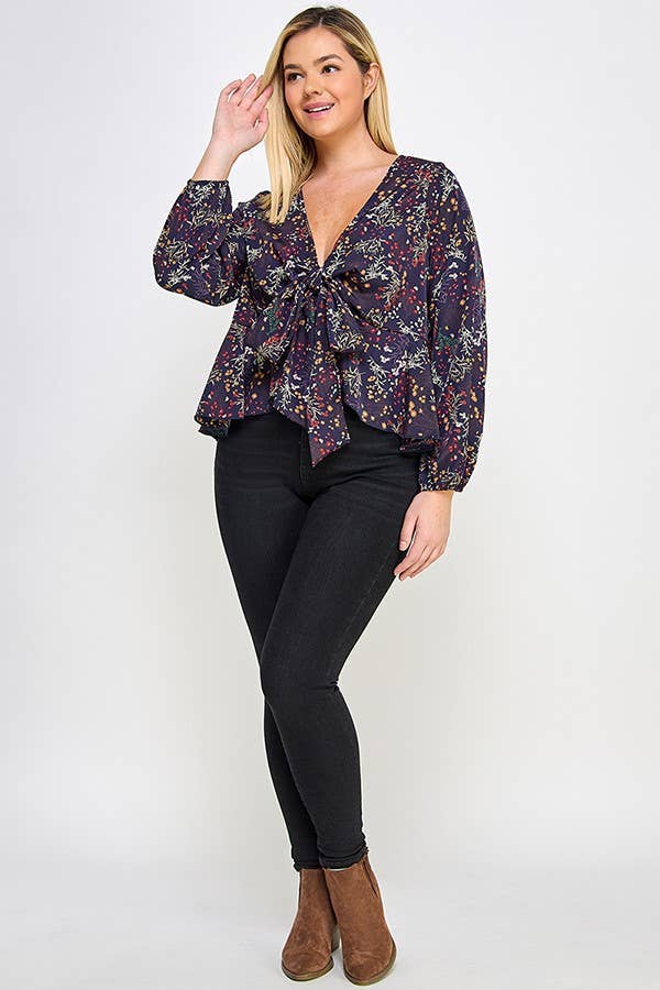 Haute Fox Plus Size & Contemporary - Wholesale Blouse - Dames - Top met strik aan de voorkant en bloemenprint in grote maten JK18498-T8