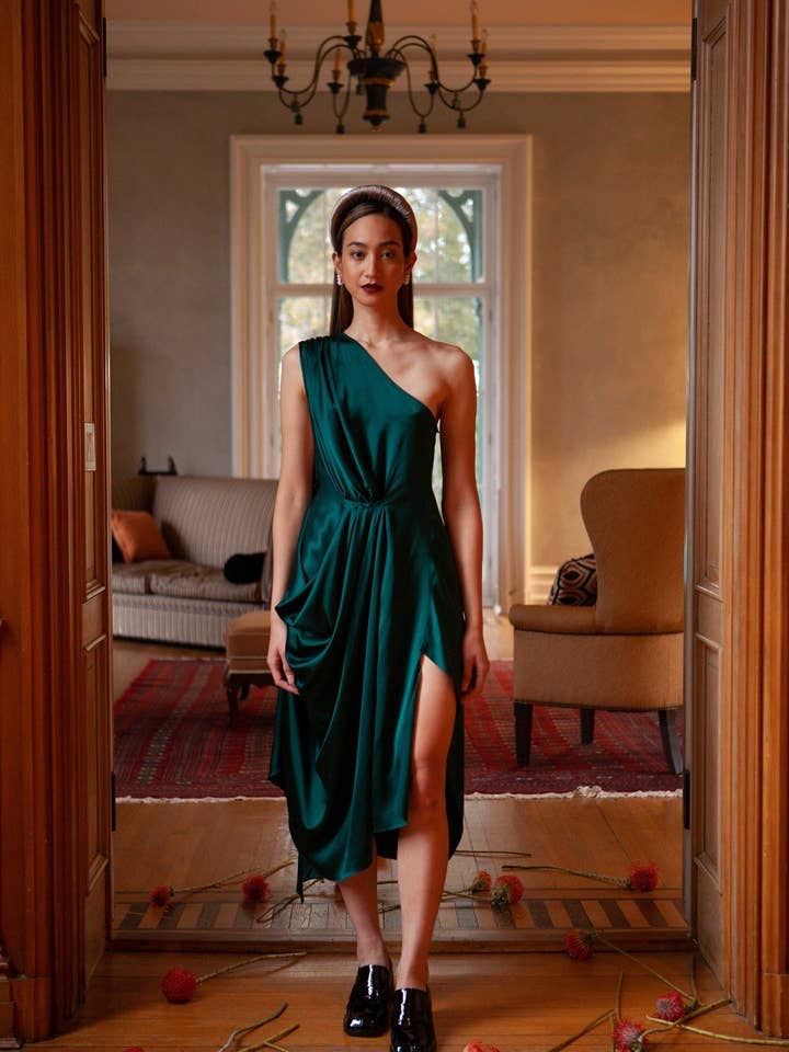 Persephone One Shoulder Draped Silk Dress in Emerald Green for wholesale by Jasmine Chong