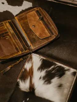 Leather and Cowhide wallet for wholesale by FRINGE & LUXE