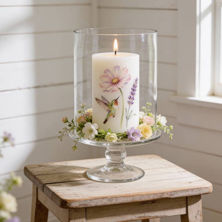 Hummingbird and Wildflower Pillar Candle for Decor and Gifts for wholesale by Designs by Michaela