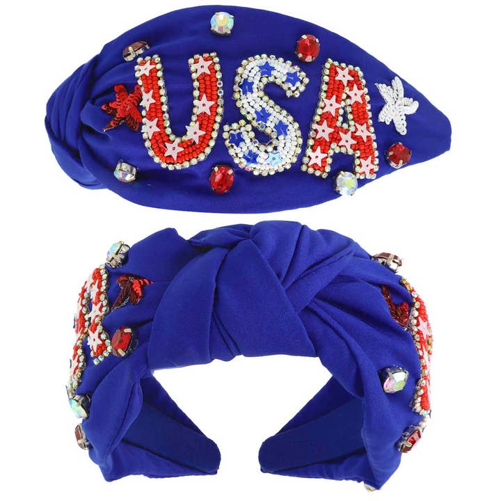 SP Sophia Collection - Wholesale Fashion Headband - Women's - USA Patriotic Lettering Jeweled Beaded Headband