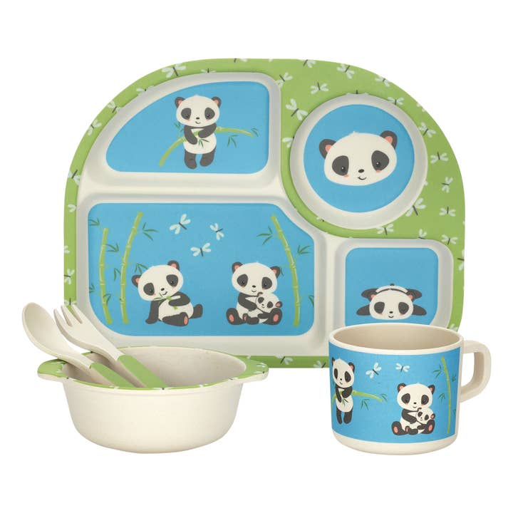 My Funkins - Wholesale Dinnerware Set - Kids & Baby - Five Piece Bamboo Dish Set for Kids - Pandas