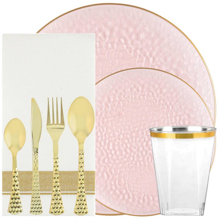 EcoQuality - Wholesale Disposable Tableware Pack - Disposable Tableware Plastic Pink Gold Rim Transparent Hamme