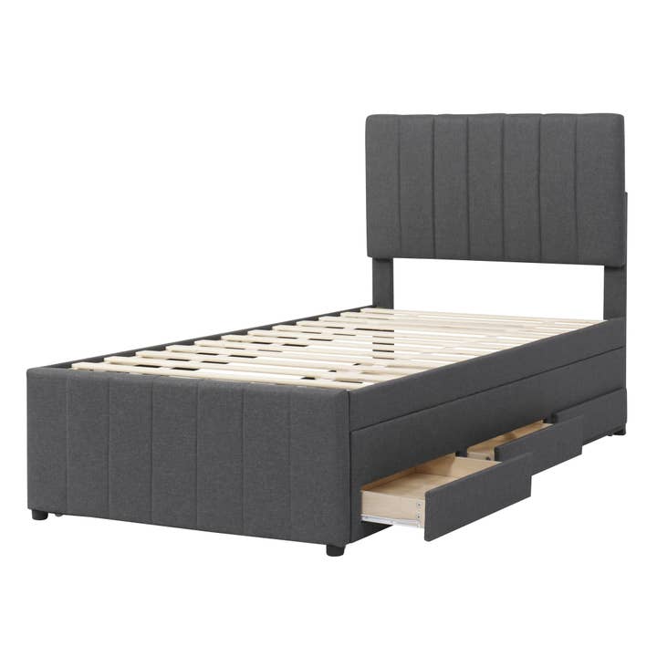 Gray Upholstered Twin Platform Bed with Trundle & 3 Drawers for wholesale on Faire3