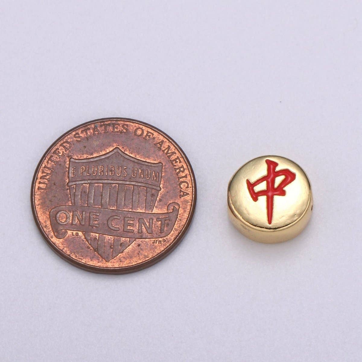 Aim Eternal – wholesale Individual charm/pendant – Dainty Mahjong Bead Charms for Jewelry Supply Gold Mahjong Tile Bead Spacer Chinese Character Red Dragon Center Tile Wealth B-4902