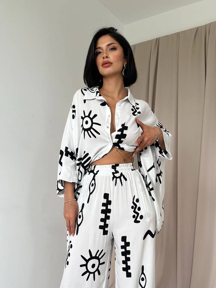 FENOMEN - Wholesale Top & Pant Set (NOT Loungewear) - Women's - Patterned Loose Shirt and Loose Pant Set