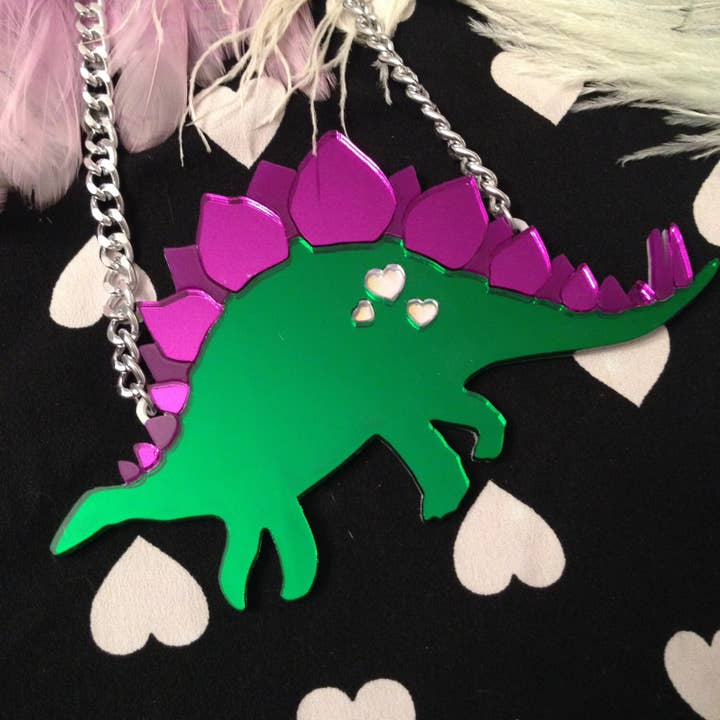 Stegosaurus Dinosaur Mirrored Large Necklace, Laser Cut Acrylic, Plastic Jewelry for wholesale by I'm Your Present