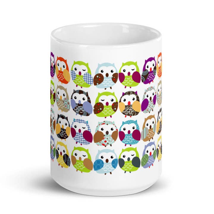 Colorful Owl Pattern White glossy mug for wholesale by Sharptooth Snail
