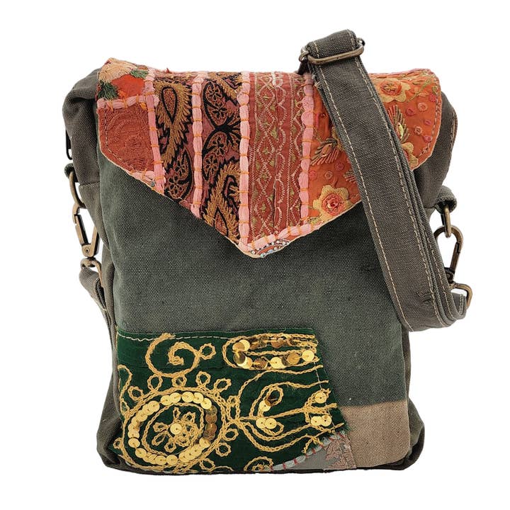 Vintage Addiction - Wholesale Crossbody Bag - Women's - Recycled Military Tent w/Vintage Fabric Crossbody