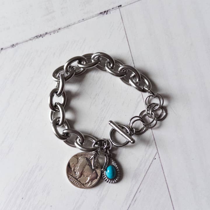 Buffalo Nickel Turkis Dråbe Charm Armbånd for engroshandel hos Girl Ran Away With the Spoon