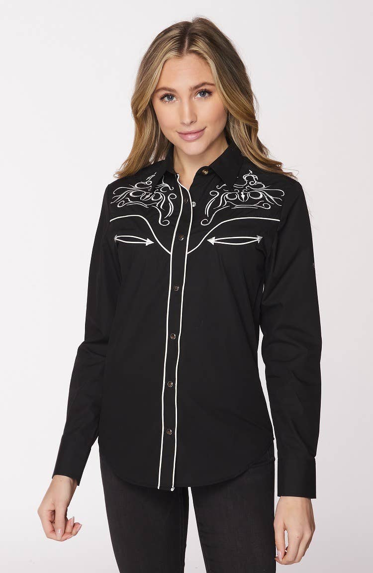Rodeo Clothing - Vente Chemise à col boutonné – femme - Robe brodée à manches longues d'inspiration western pour femmes71