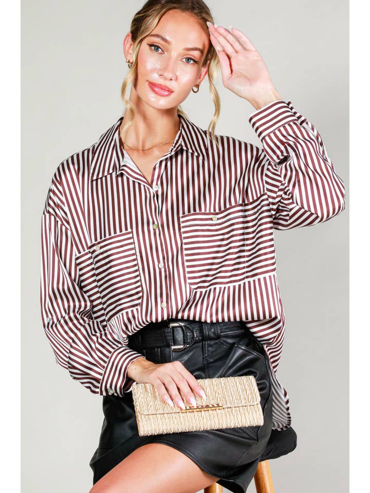 Vine & Love - Wholesale Button Down Shirt - Women's - Collar Neckline Pocket Detail Striped Satin Shirt VT813145