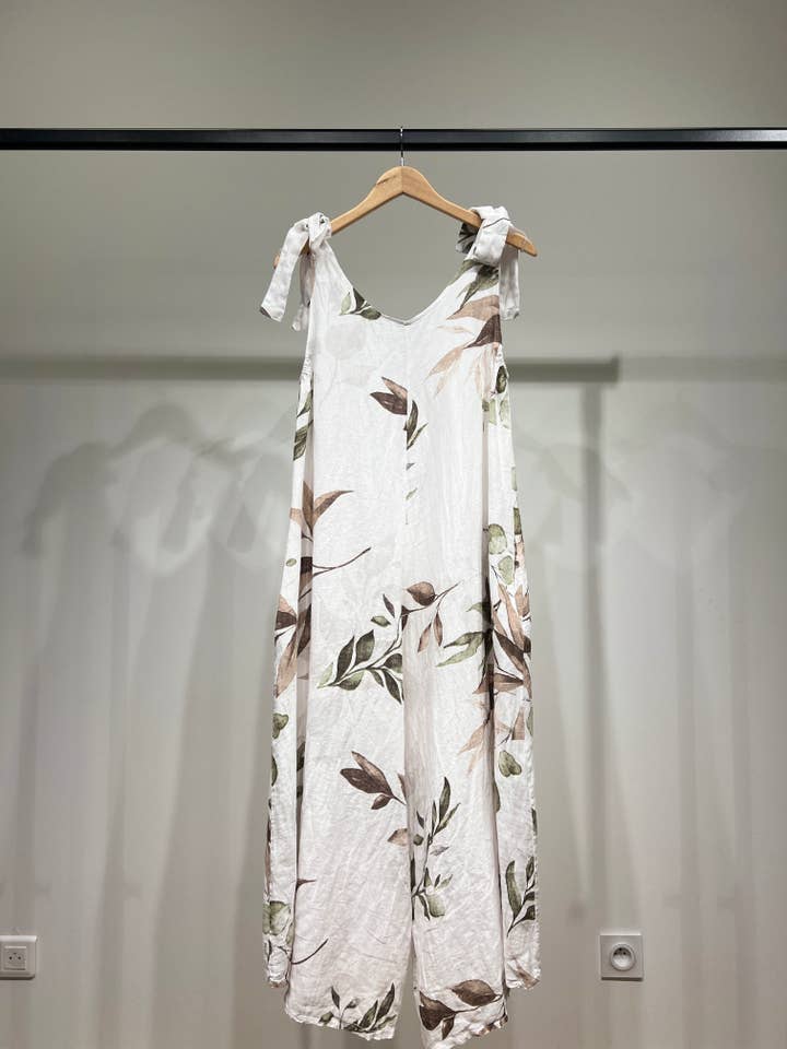 L'Emotion - Wholesale Jumpsuit - Women's - Floral Pattern Knotted Strap Jumpsuit 100% Linen