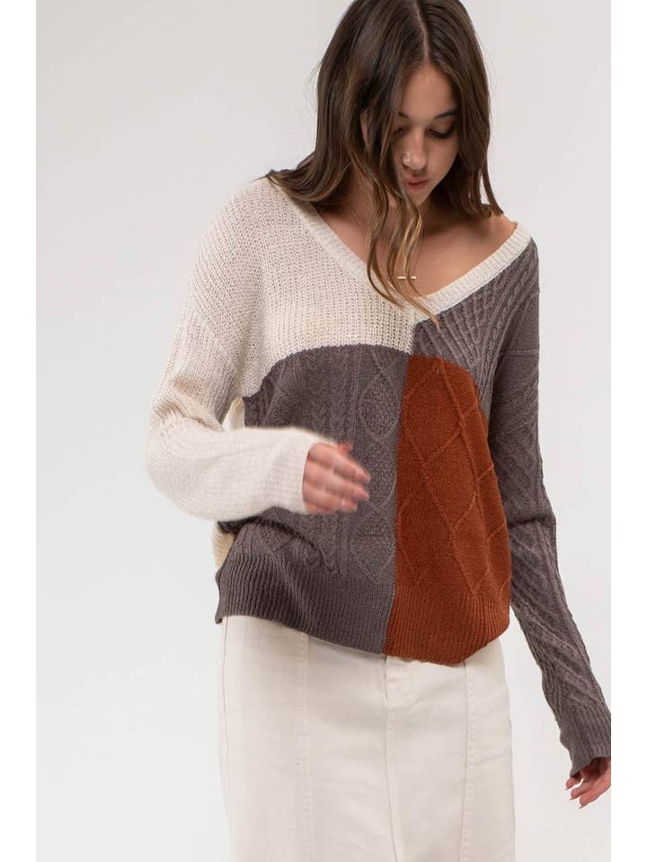 Blu Pepper - Wholesale Knit Sweater - Women's - LIGHT-WEIGHT COLORBLOCK KNIT