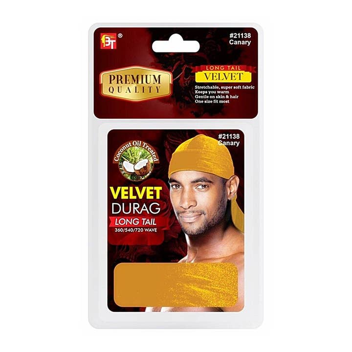 Beauty Town Coconut Oil Velvet Durag Long Tail,Canary for wholesale by KT Supply