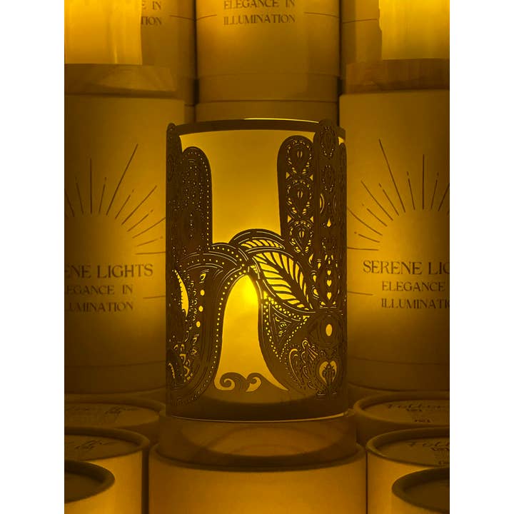 Serene Lights - Wholesale Decorative Tabletop Object - Hamsa, Decorative Candle Holder – Laser Etched, Handmade Wood Veneer, Rechargeable LED Candle
4