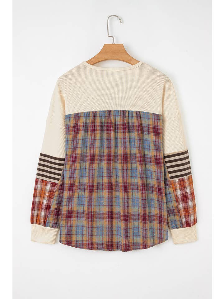 PRETTY BASH - Wholesale Knit Top - Women's - Stripe Plaid Patchwork Waffle Knit Henley Top3