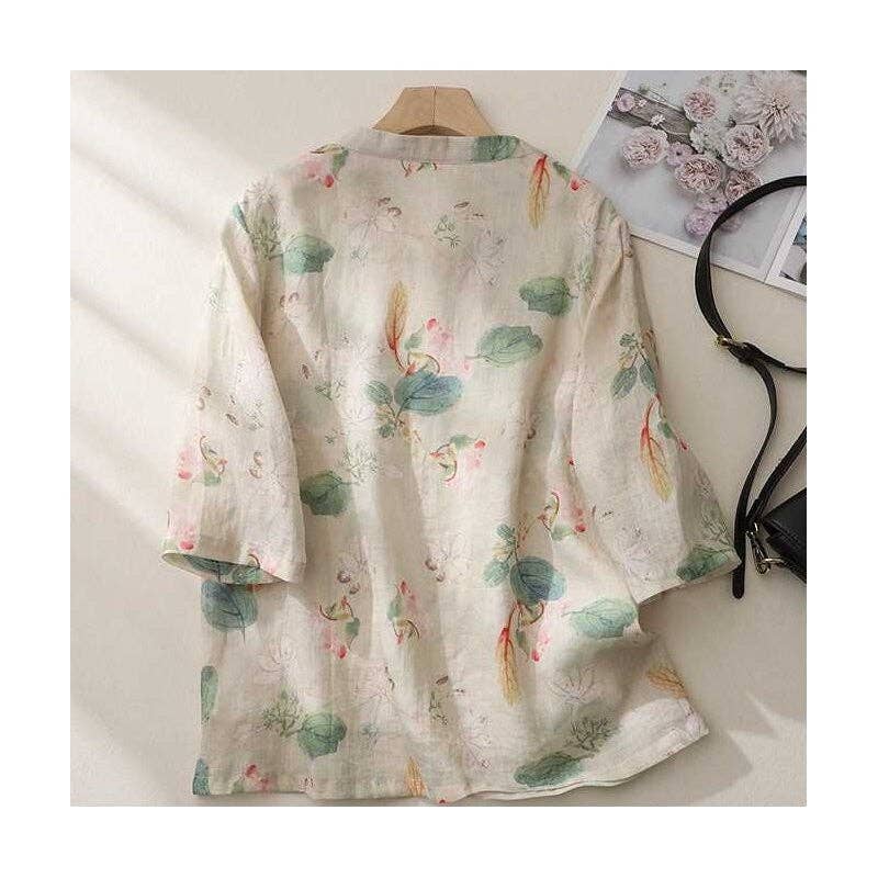 Abricot Chemise imprimée en lin avec col montant d’inspiration chinoise en vente sur Faire1