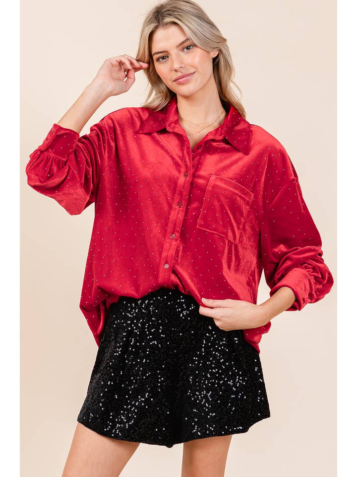 Red Mini Rhinestone Velvet Blouse, MT50776 for wholesale on Faire