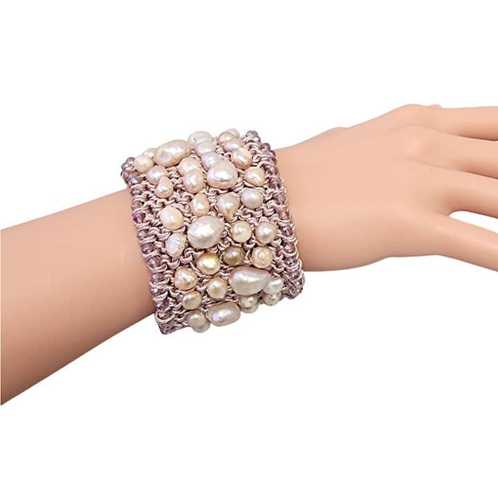 Bijoux Envie Statement Jewelry - Wholesale Cuff Bracelet - Pearl Cuff Bracelet | Pastel Pink | Crochet | Gold | Coastal