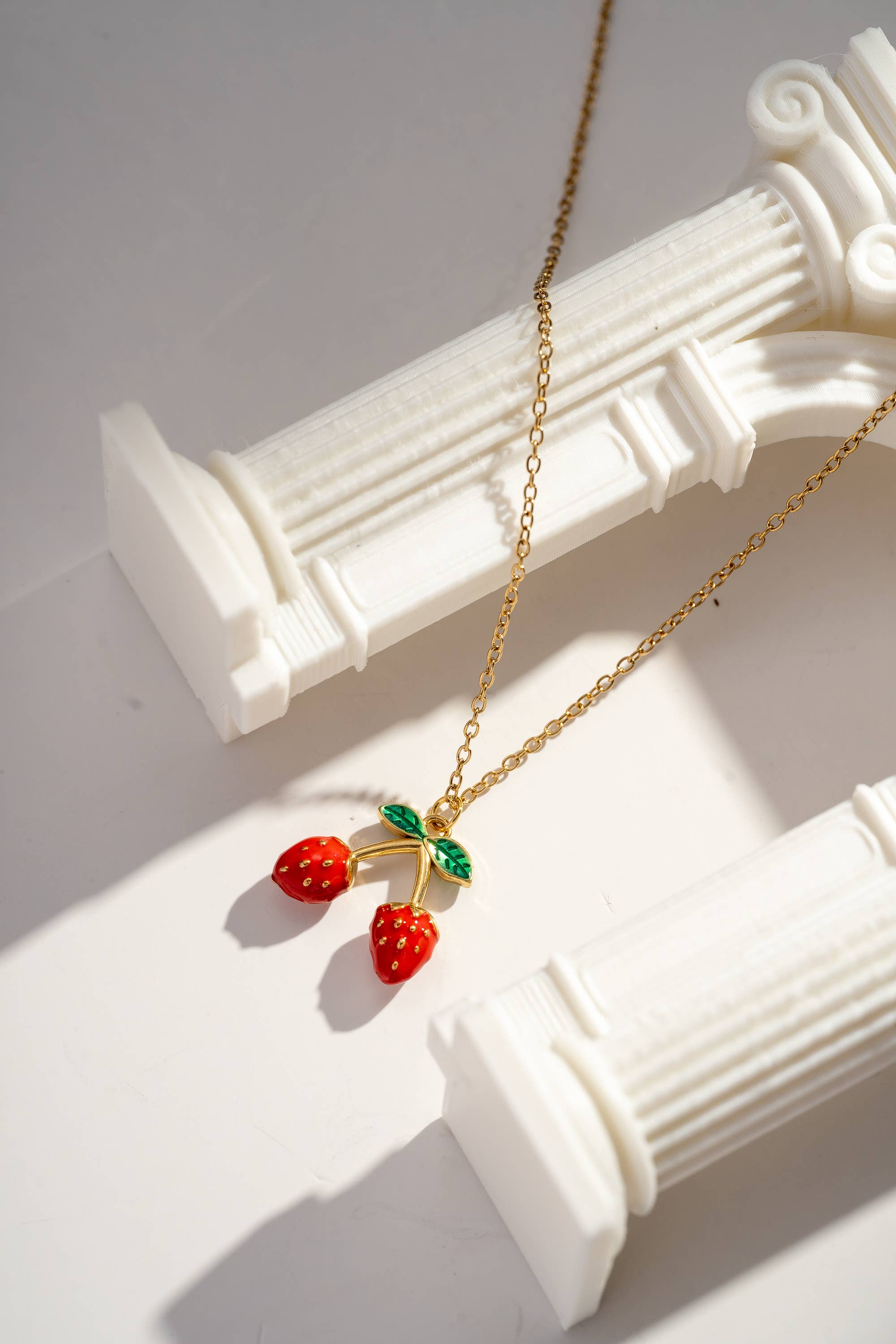 COSMOS - Wholesale Pendant/Charm Necklace - Double Strawberry Gold Stainless Steel Necklace with Fruity Details1