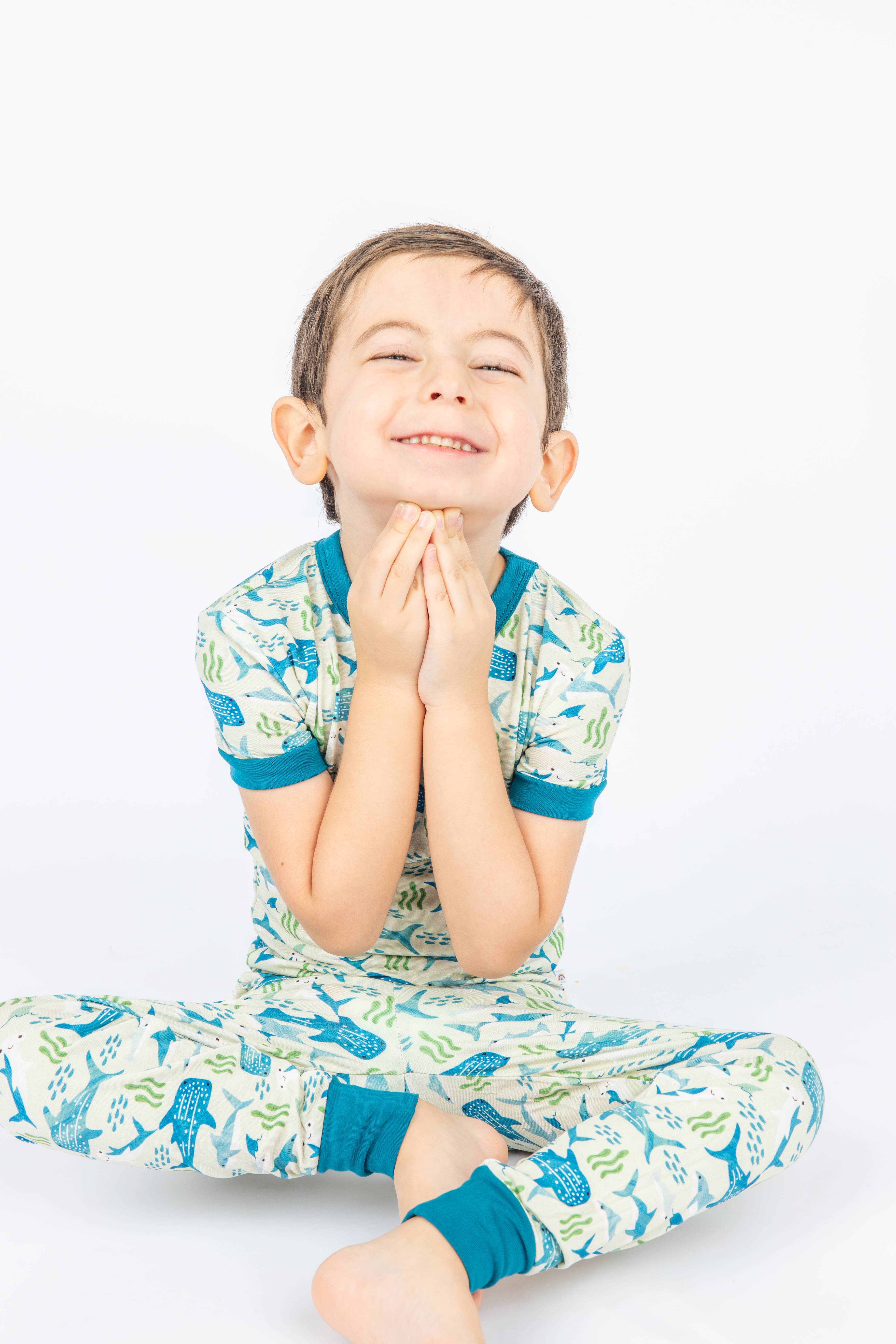 Blue Multi Shark Friends Ocean Kids Bamboo Pajamas Toddler Sleep Set for wholesale on Faire1