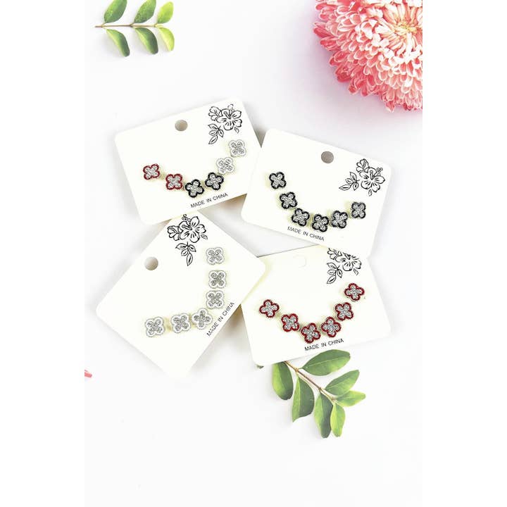 ASSORTED 3 PAIR CLOVER GLITTER STUD EARRING for wholesale on Faire