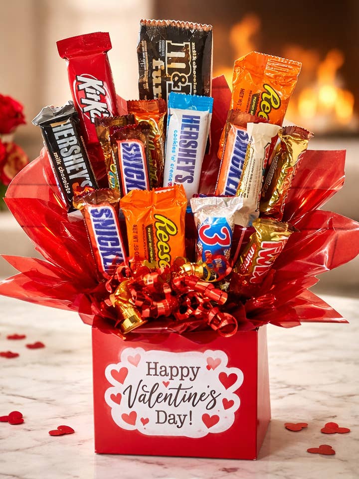 Bouquet de bonbons au chocolat dans une boîte Joyeuse Saint-Valentin (12 bonbons) pour la vente par So Sweet of You