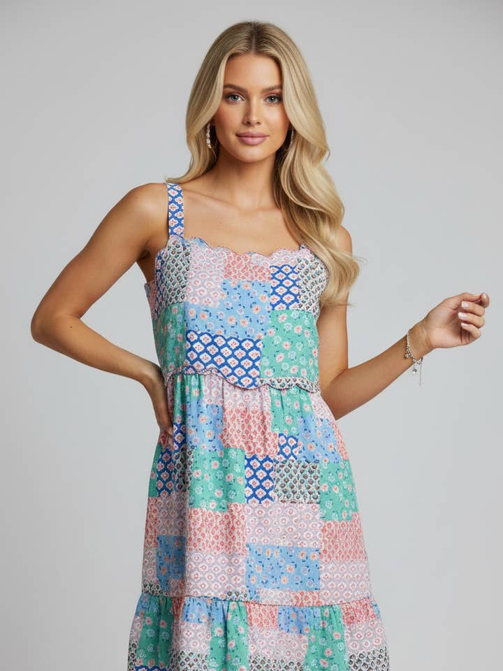 33794 Sky Garden Patchwork Blommig Fodrad Ärmlös Klänning för wholesale av LTX Sportswear