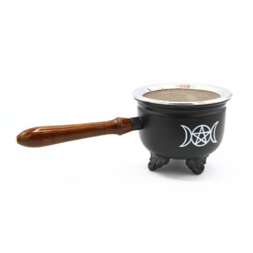 Green Tree - Wholesale Incense Holder - Cauldron With Wooden Handle & Lid Triple Moon Star