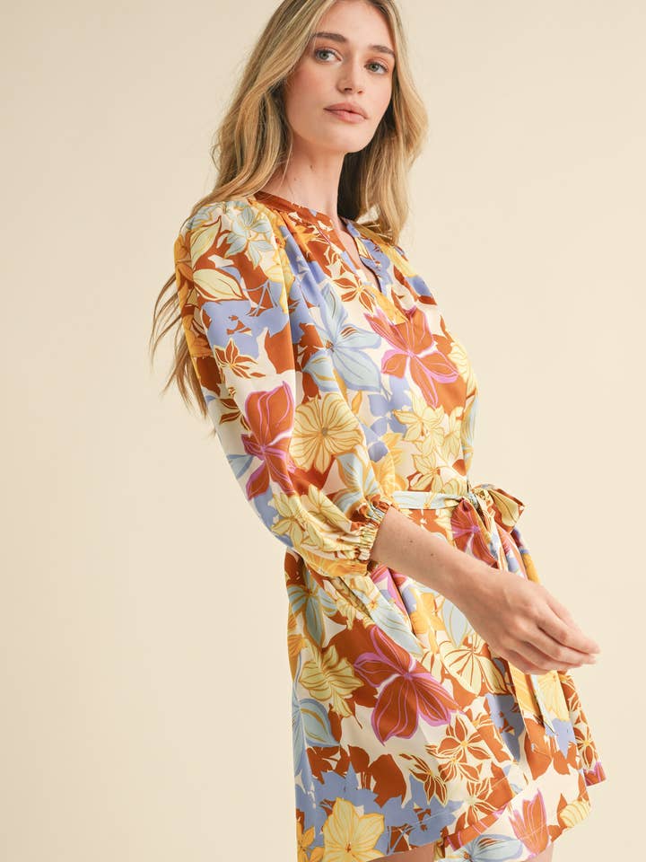 &MERCI - Wholesale Dress - Women's - EXCLUSIVE PRINT PUFF SLEEVE TYING WAIST MINI DRESS MDR335316