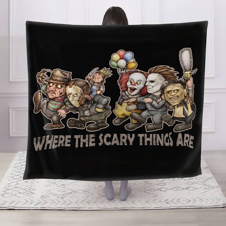 "Where the Scary Things Are" 1-Ply Faux Fur Everyday Blanket for wholesale by Duke Imports