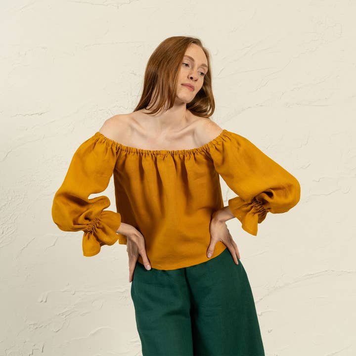 menique - Wholesale Blouse - Women's - Linen Off Shoulder Top with Ruffles Jessica - Linen Blouse