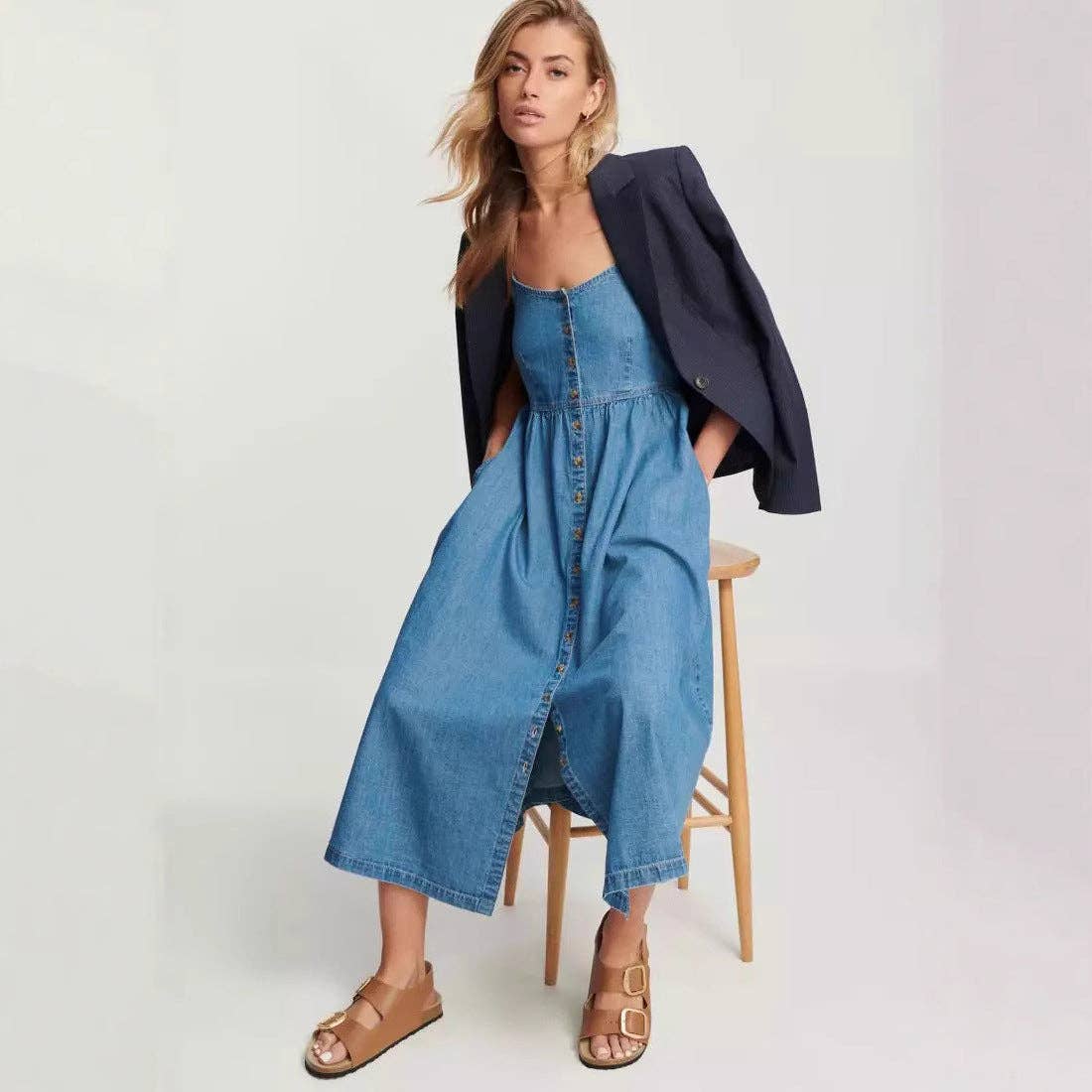 Blue Denim Simple Button Spaghetti Midi Dress DP25A529 for wholesale on Faire2