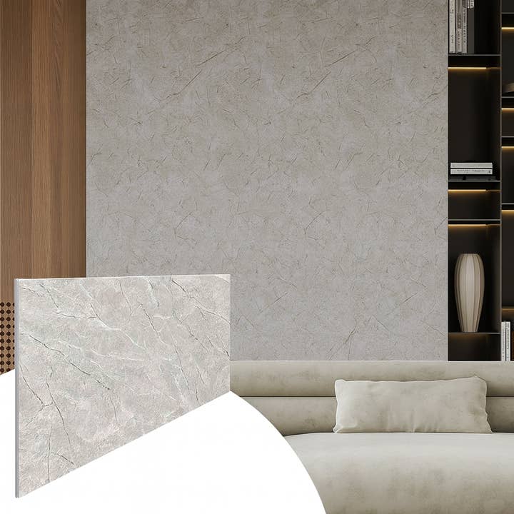 Panneaux Muraux en Faux Marbre - 2 pi X 4 pi - Brillant, Revêtement Mural Intérieur Imperméable - Beige, Veines Grises pour la vente par Dundee Deco