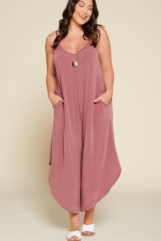 Emerald Collection - Wholesale Jumpsuit - Women's - ETR-8156-PL Plus Size Solid French Terry Wide Leg Jumpsuit0