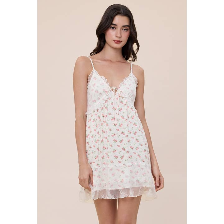 DITSY FLORAL FRONT TIE LAYERED LACE MINI DRESS for wholesale by Sky to Moon