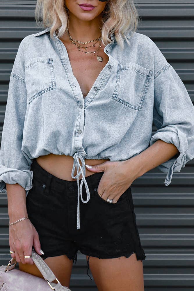 UNISHE – wholesale Tröja med knappar – Dam – Knapp Upp Slips Knut Elastisk Kort Denim Skjorta ZZKF1612